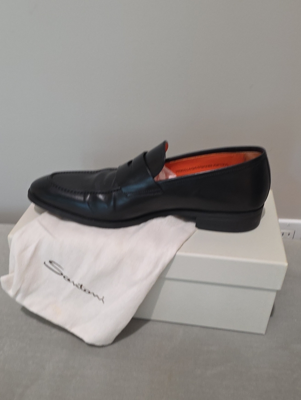 Santoni Black Leather Penny Loafers with Orange Lining